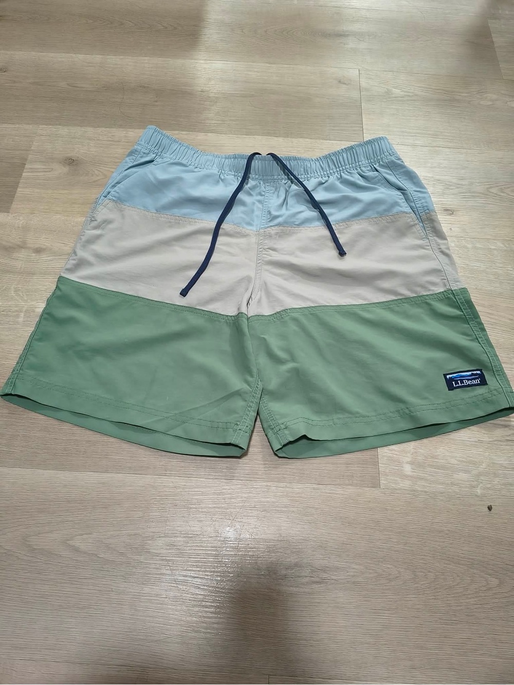 L.L.Bean Three-Tone Swim Shorts — Sky Blue, Cream, Sage Green